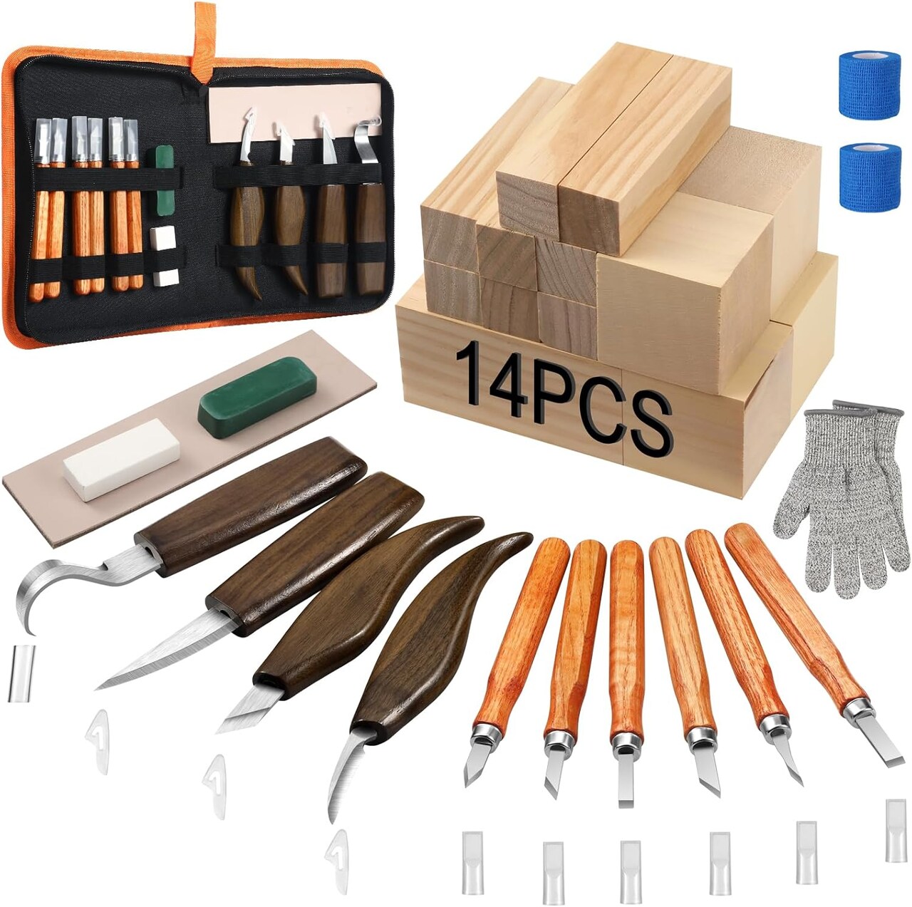 42PCS Wood Carving Kit for Beginners,14 Basswood, Wood Whittling Kits for Beginner and Kids, Wood Carving Tools with Safety Protection. 10pcs Carving Knife with 14pcs Basswood Block.